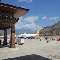 When you arrive in Bhutan, you land in Paro, in the only valley that can accommodate international jets.  That's the terminal building - note the typical architectural details.