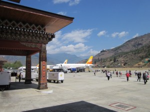 When you arrive in Bhutan, you land in Paro, in the only valley that can accommodate international jets.  That's the terminal building - note the typical architectural details.